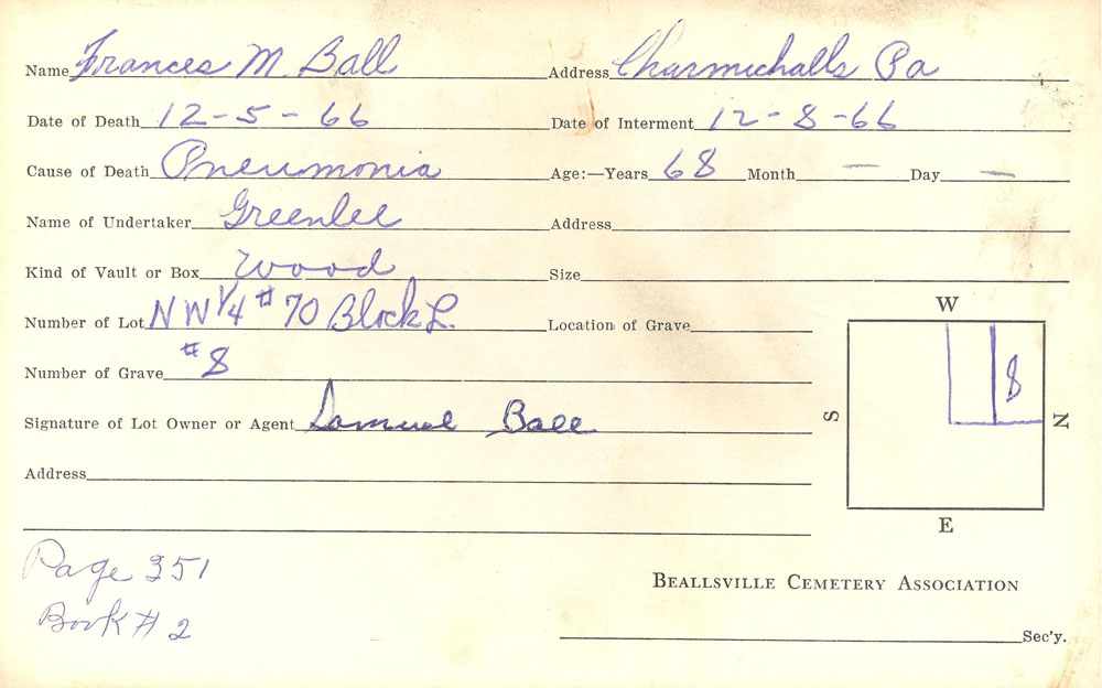 Frances M. Ball burial card
